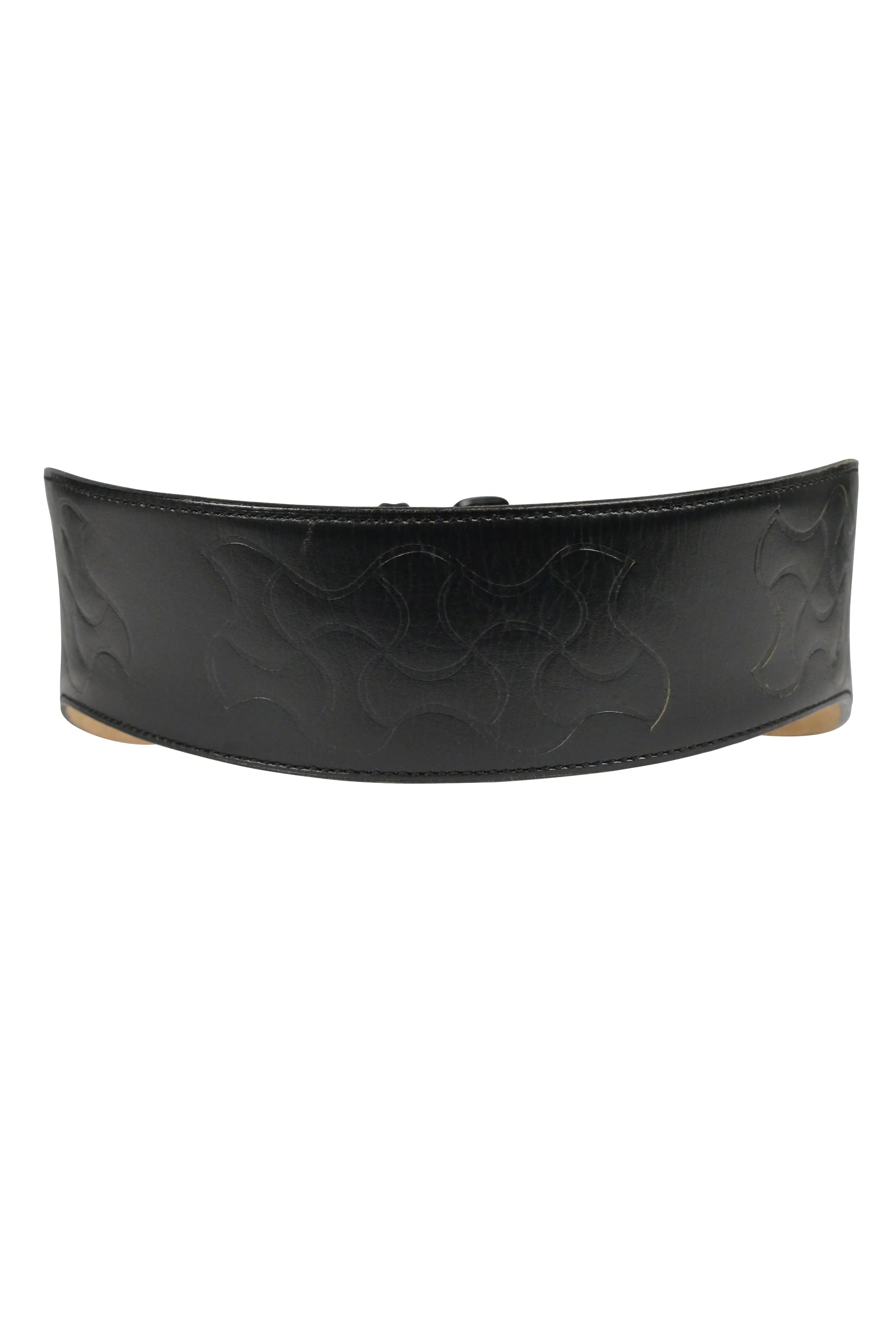 ALAIA BLACK LEATHER CURVE BELT WITH EMBOSSED DETAILS AND BRASS BUCKLE