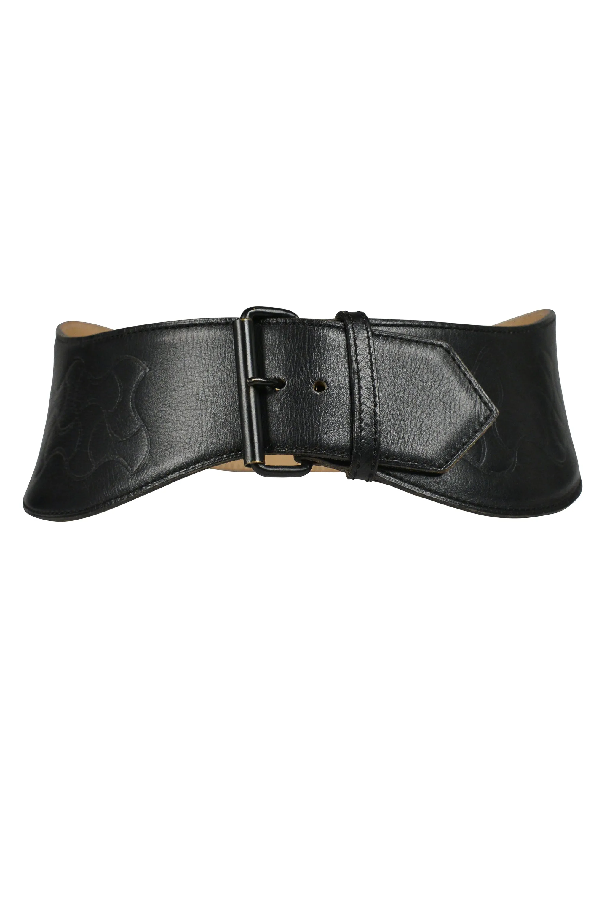 ALAIA BLACK LEATHER CURVE BELT WITH EMBOSSED DETAILS AND BRASS BUCKLE