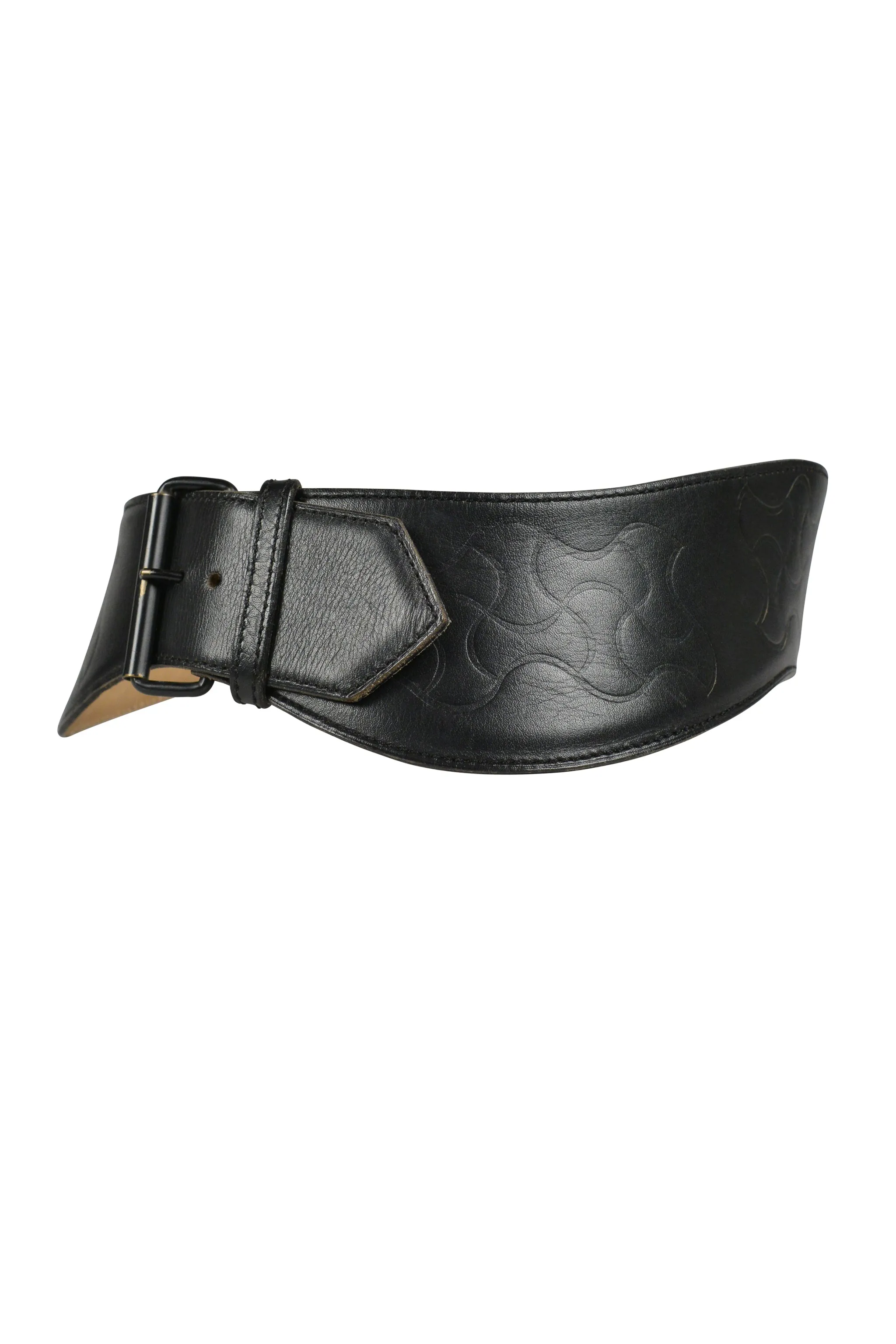 ALAIA BLACK LEATHER CURVE BELT WITH EMBOSSED DETAILS AND BRASS BUCKLE