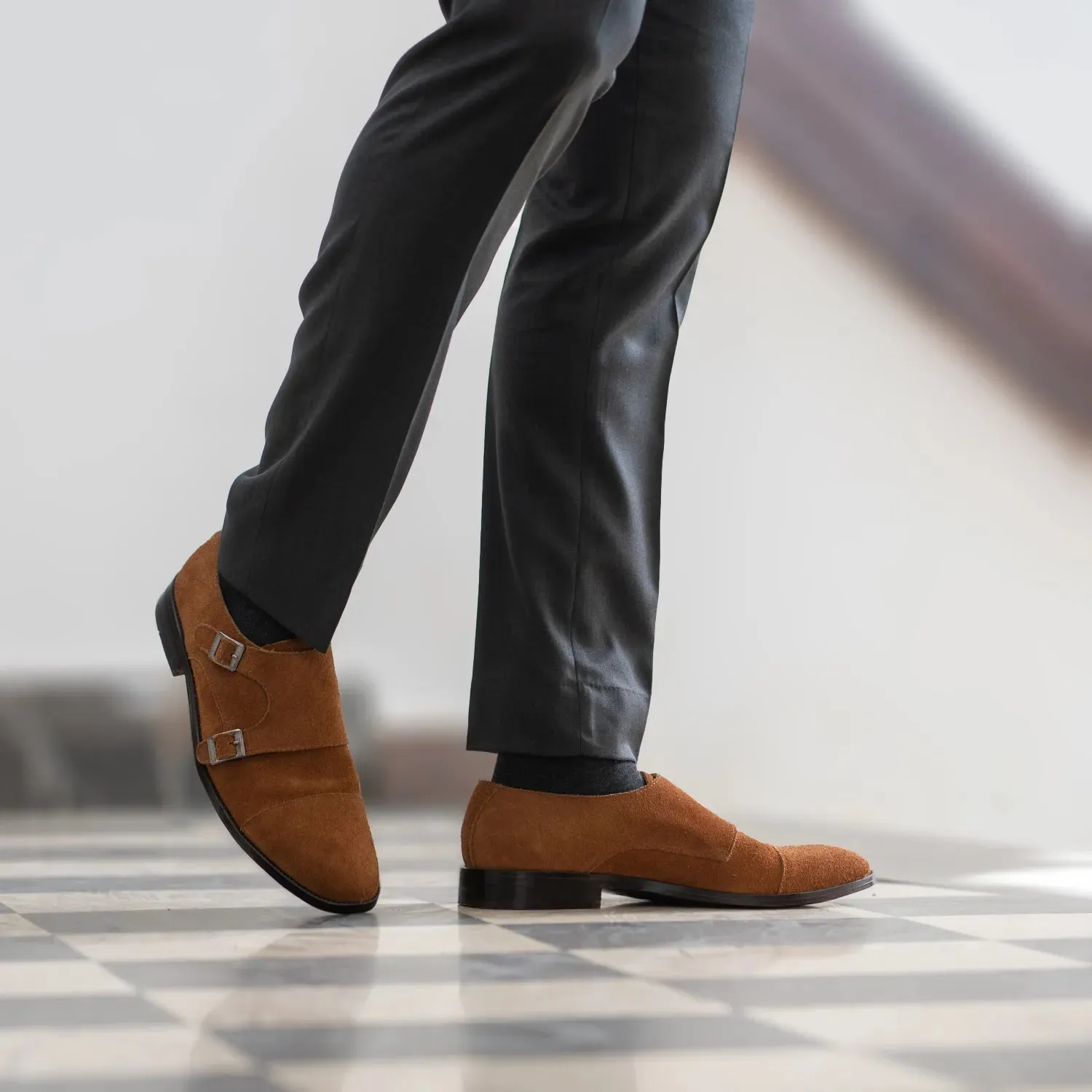 Boston Double Monk Strap Brown Suede Leather Shoes