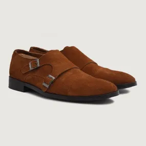 Boston Double Monk Strap Brown Suede Leather Shoes