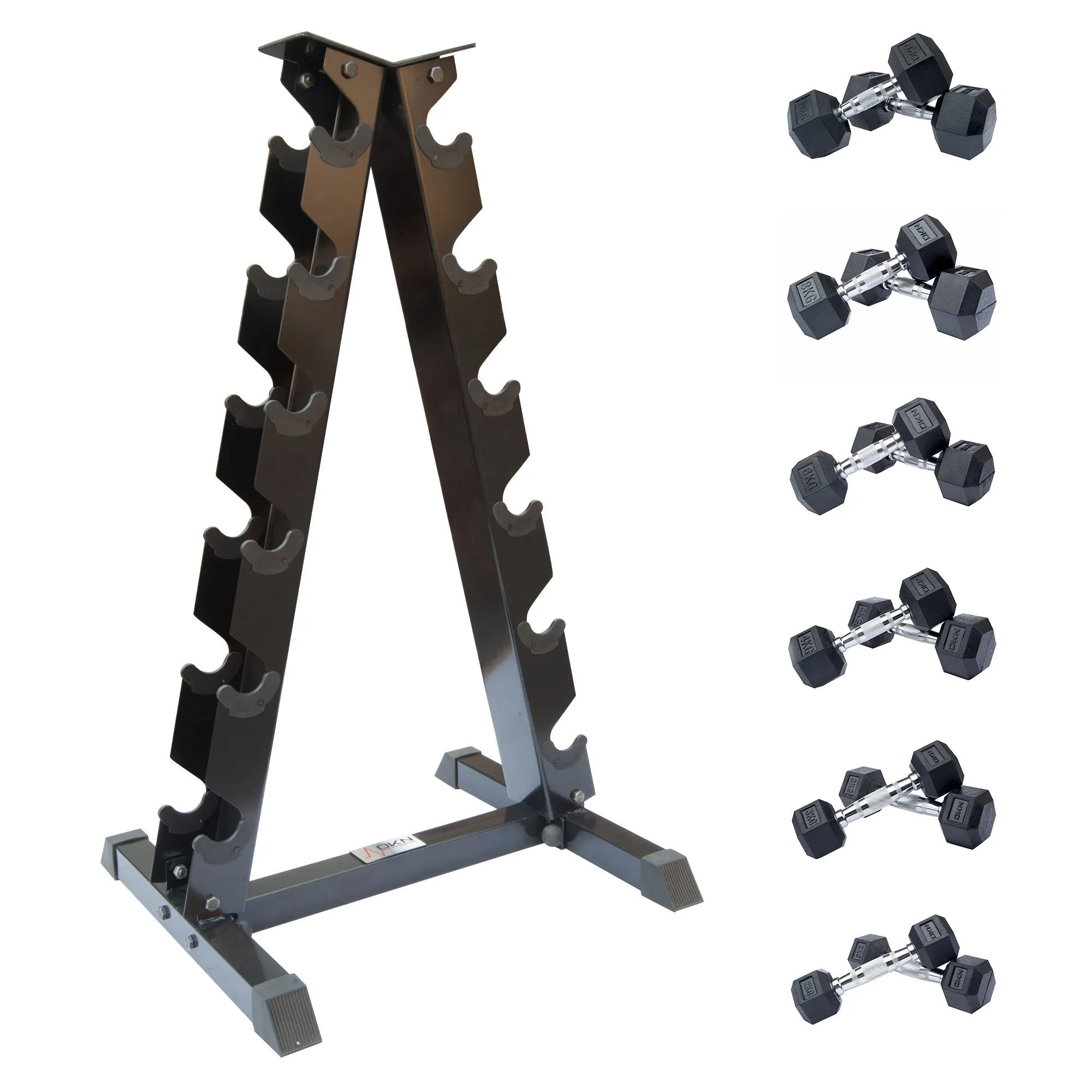 DKN 2kg to 10kg Rubber Hex Dumbbell Set with Storage Rack - 6 Pairs