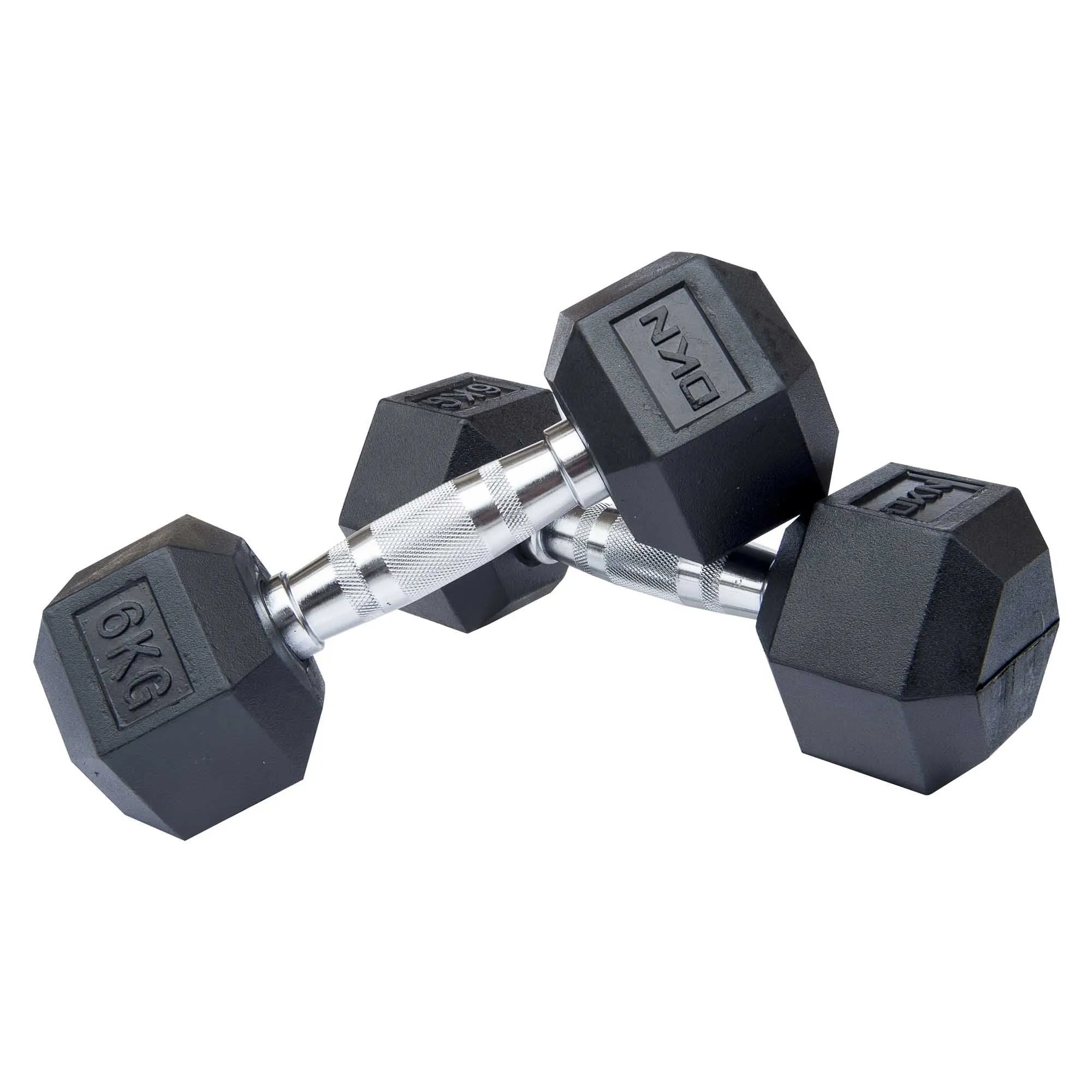 DKN 2kg to 10kg Rubber Hex Dumbbell Set with Storage Rack - 6 Pairs