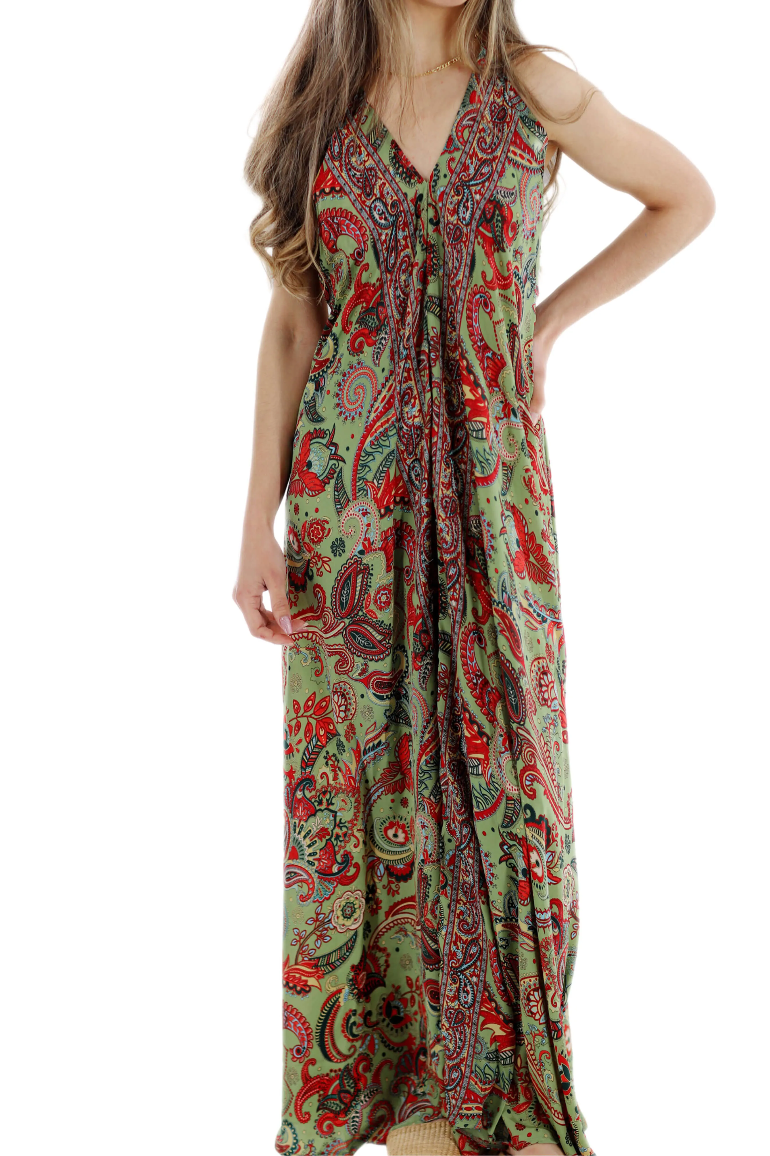 Long Flowy Floral 'Francesca' Maxi Dress in Green