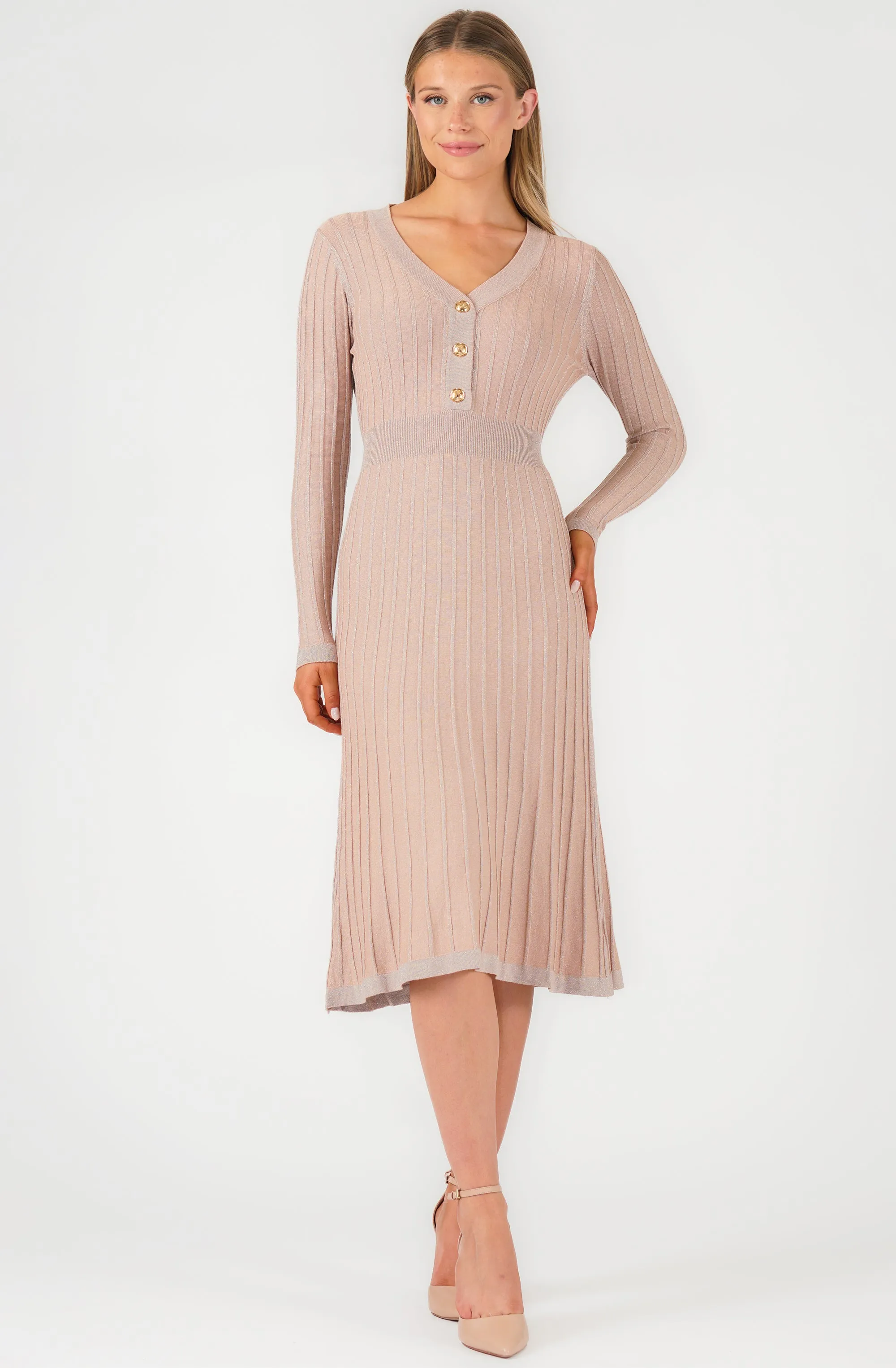 Lurex Long Sleeve Pleated Knit Dress