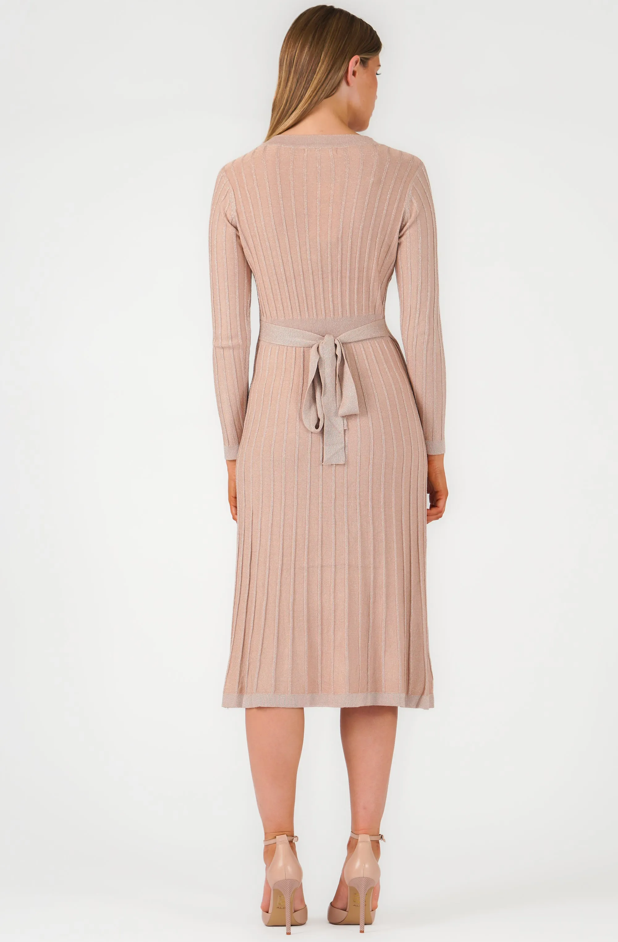 Lurex Long Sleeve Pleated Knit Dress