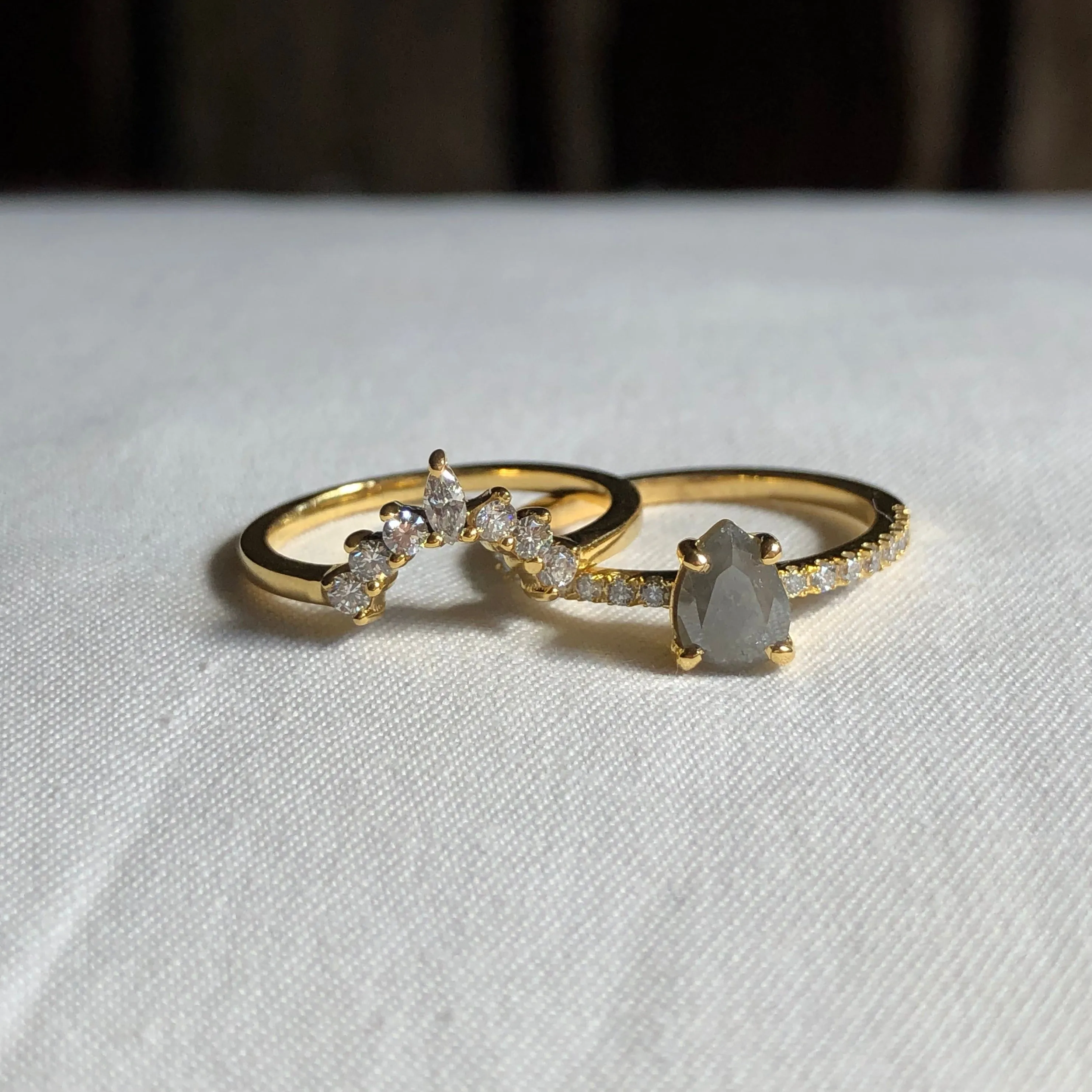 Pear Salt & Pepper Diamond Ring with Half Eternity Band, Solid 14k Gold | ONE-OF-A-KIND