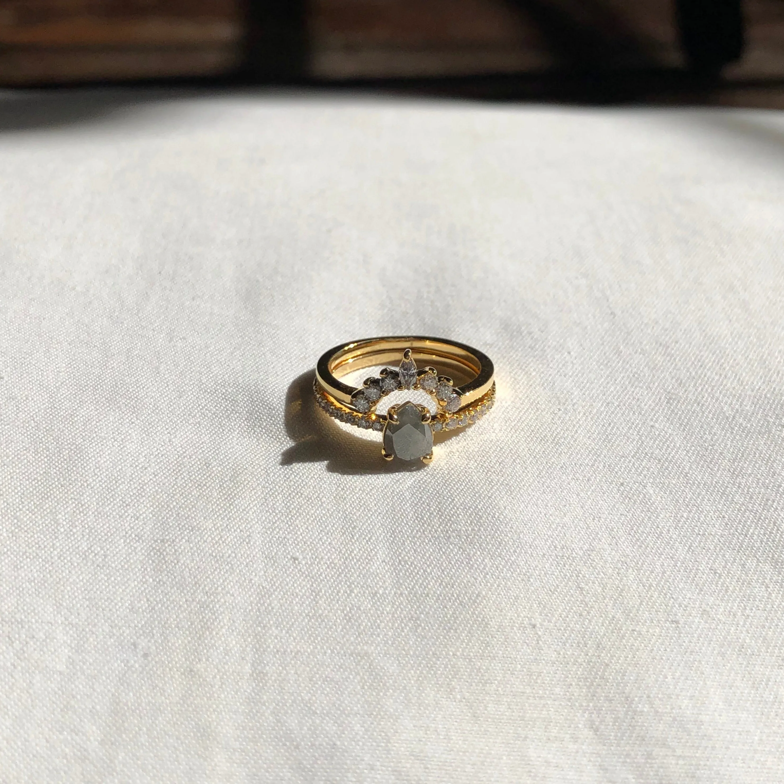 Pear Salt & Pepper Diamond Ring with Half Eternity Band, Solid 14k Gold | ONE-OF-A-KIND