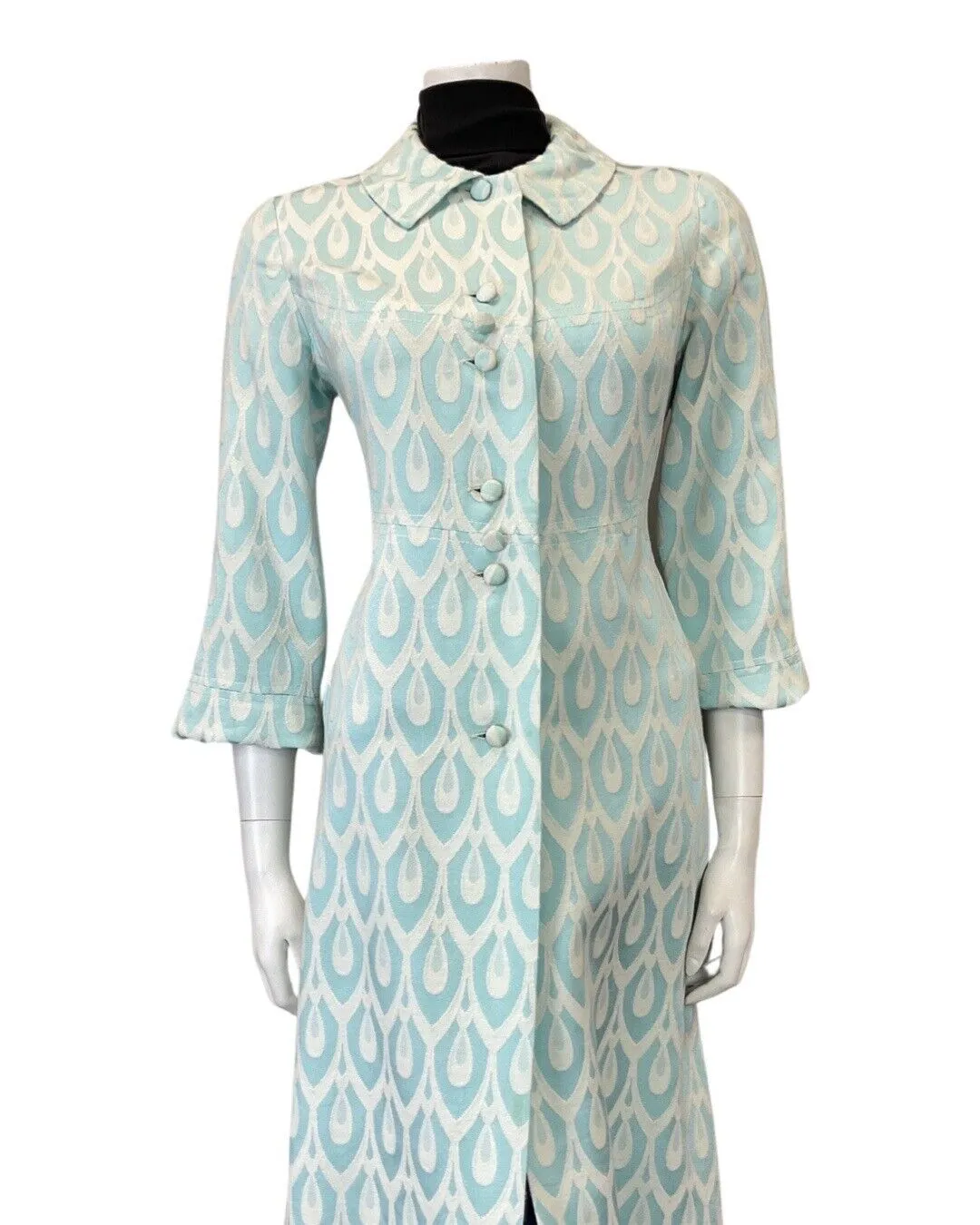 VINTAGE 60s 70s BABY BLUE WHITE EMBROIDERED ART DECO TILED LONG DRESS COAT 10 12