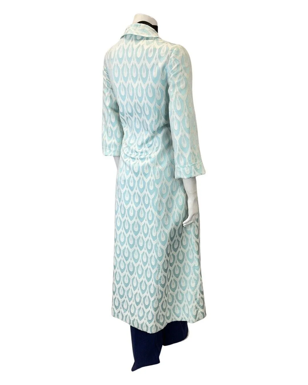 VINTAGE 60s 70s BABY BLUE WHITE EMBROIDERED ART DECO TILED LONG DRESS COAT 10 12