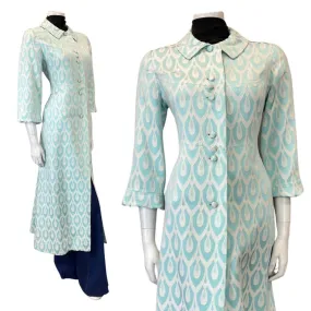 VINTAGE 60s 70s BABY BLUE WHITE EMBROIDERED ART DECO TILED LONG DRESS COAT 10 12