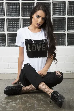 White Reversible Sequin 'Love' Slogan T-Shirt - Ida